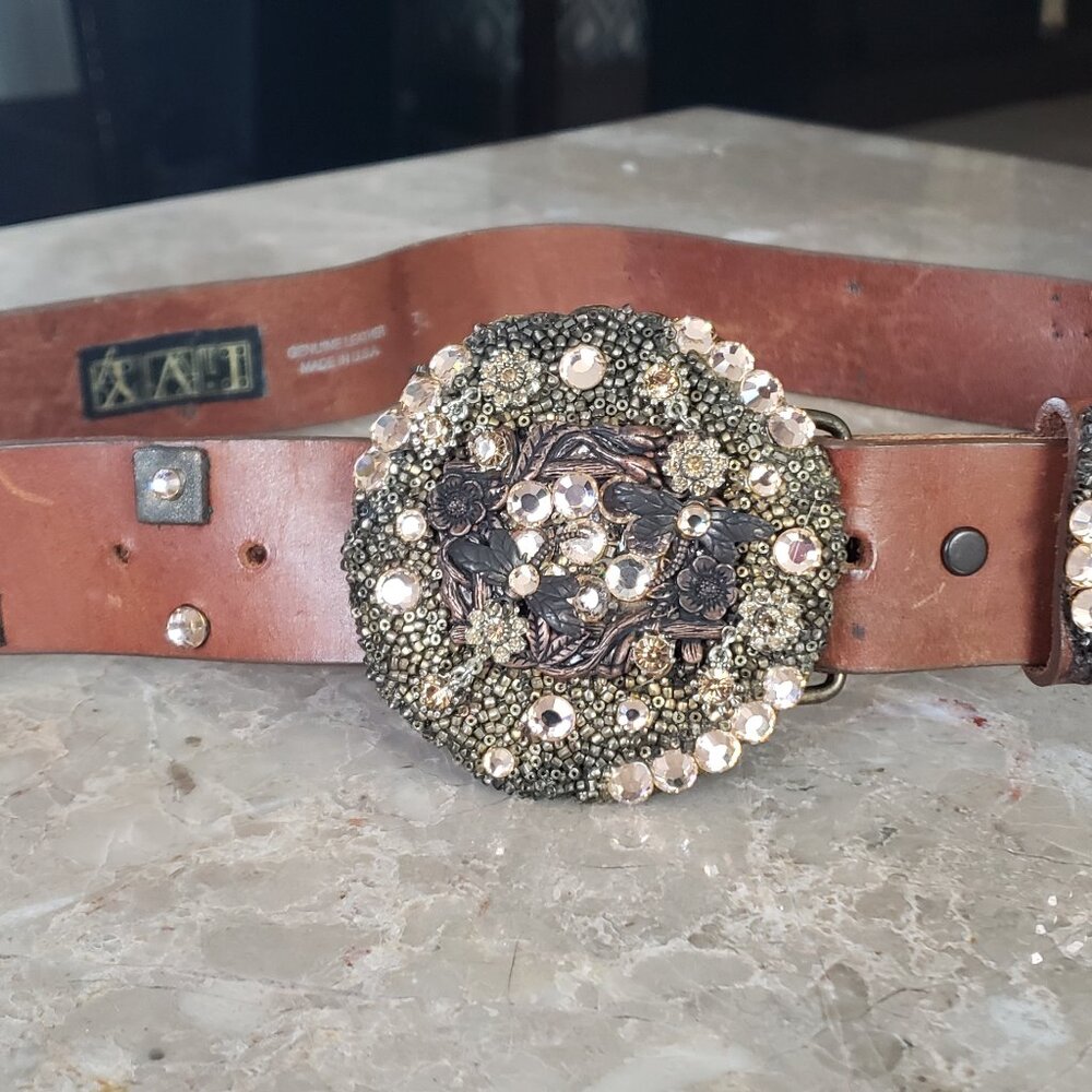 Leather belt with rhinestones